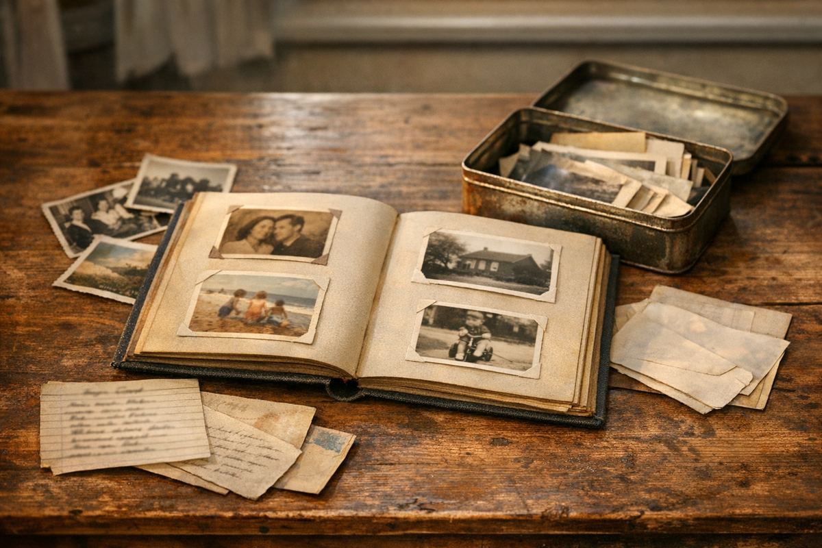 Een opengeslagen fotoalbum op een houten tafel, met losse oude foto's, een handgeschreven receptenkaartje, een brief en een blikken doos ernaast.
