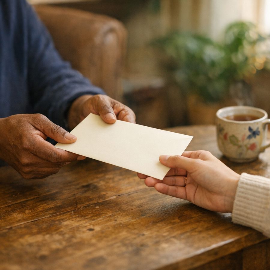 Twee handen geven een blanco crèmekleurige envelop door aan twee andere handen, boven een houten tafel.